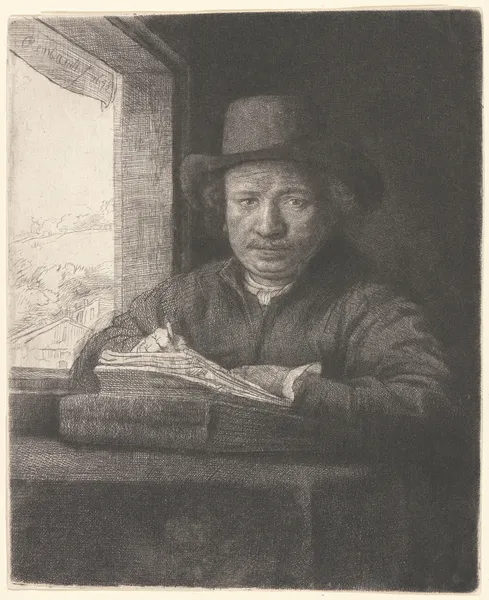 Rembrandt Drawing at a Window av Rembrandt van Rijn