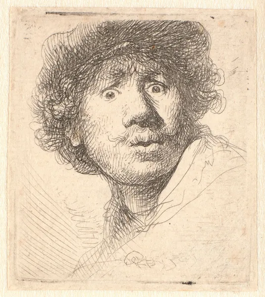 Rembrandt in a cap, open mouthed and staring; bust in outline av Rembrandt van Rijn