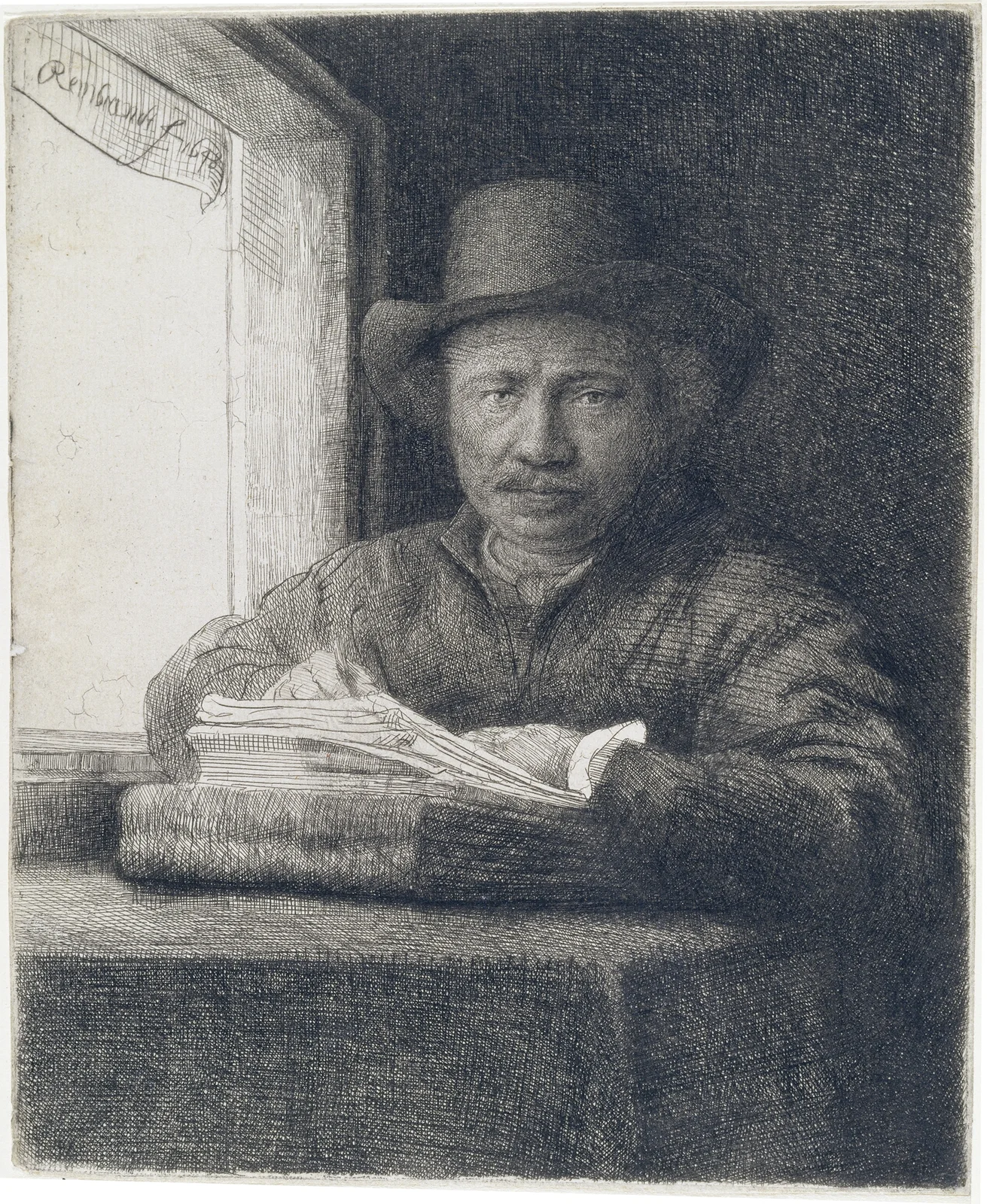 Self-Portrait etching at a window av Rembrandt van Rijn