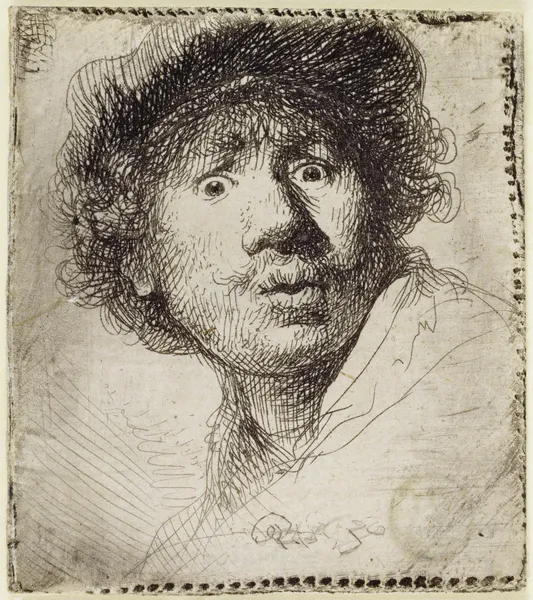 Self-Portrait in a cap, wide-eyed and open-mouthed av Rembrandt van Rijn