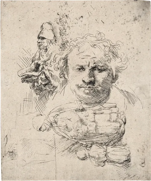 Sheet of Studies with the Head of the Artist, a Beggar Man, Woman and Child av Rembrandt van Rijn