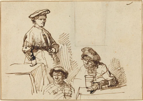 Sketches from a Tavern – Woman Standing and Two Men Seated av Rembrandt van Rijn