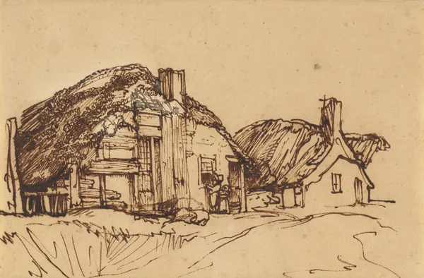 Two Thatched Cottages with Figures at a Window av Rembrandt van Rijn