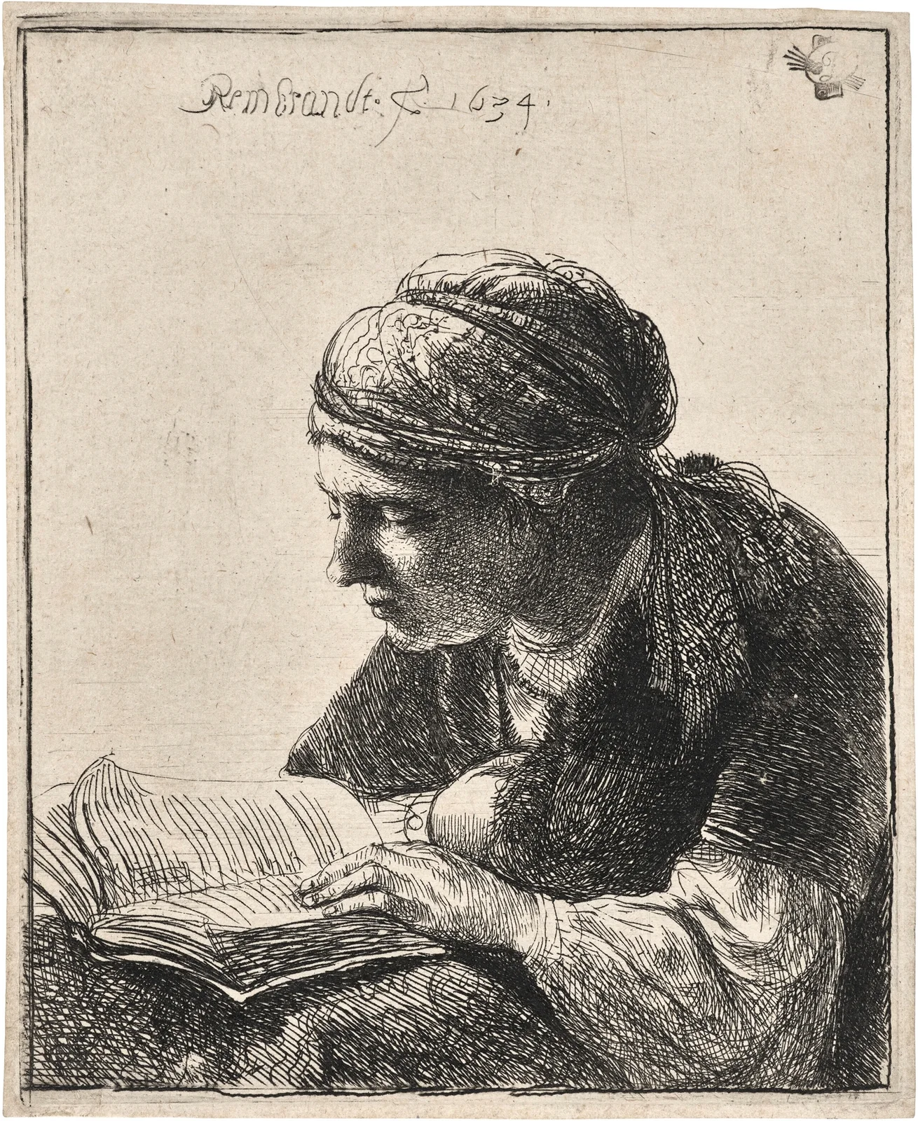 Woman reading, 1634 av Rembrandt van Rijn