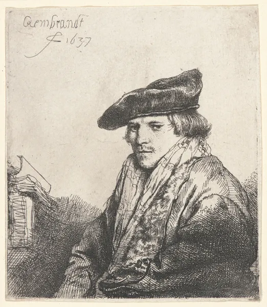 Young Man in Velvet Cap with Books beside Him av Rembrandt van Rijn
