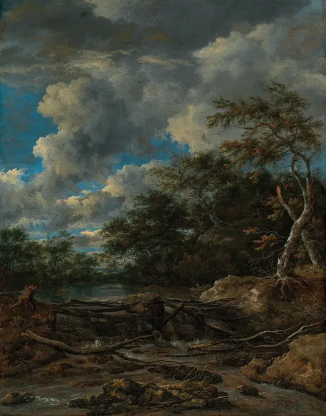 A wooded landscape with a waterfall av Jacob van Ruisdael
