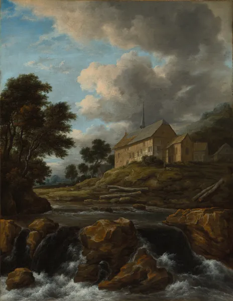 Landscape with a Church by a Torrent av Jacob van Ruisdael