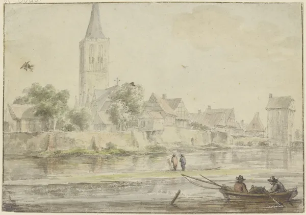 Stadt am Wasser mit Kirche, rechts ein Turm, vorne Kahn mit zwei Personen av Jacob van Ruisdael