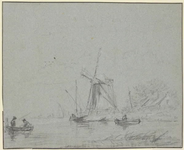 Windmühle am Wasser, vorne zwei Kähne av Jacob van Ruisdael
