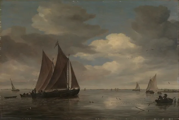 Fishing Boats on a River av Salomon van Ruysdael