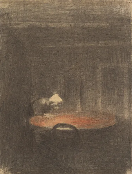 Figure Reading at a Table in an Interior at Night av Vilhelm Hammershøi
