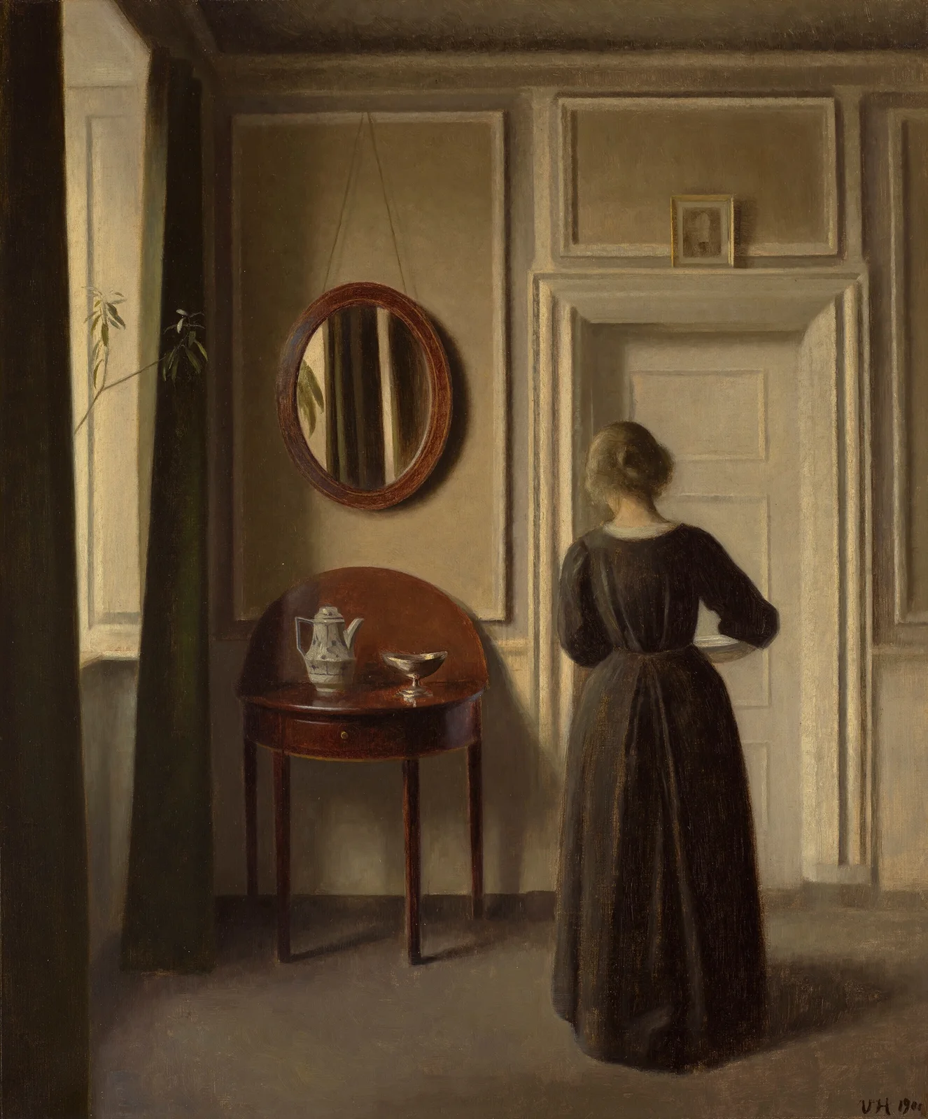 Stue (Interior with an Oval Mirror) av Vilhelm Hammershøi