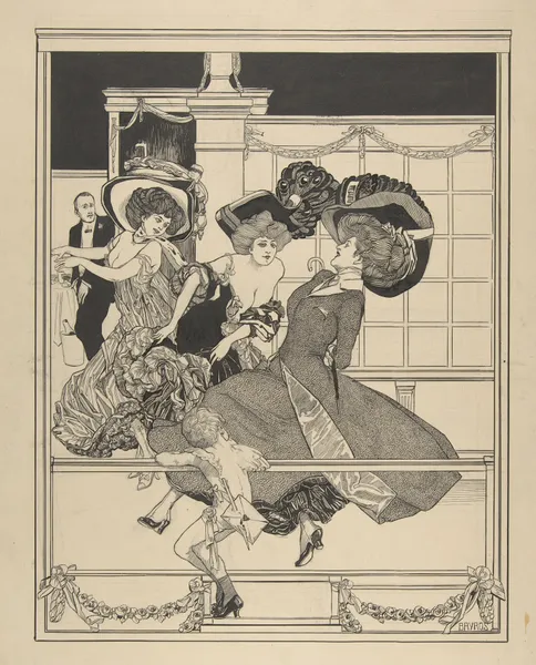 Three Dancing Women in a Restaurant Watched by Cupid av Franz von Bayros
