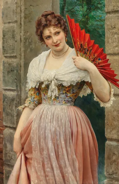 A Young Lady with a Red Fan av Eugen von Blaas