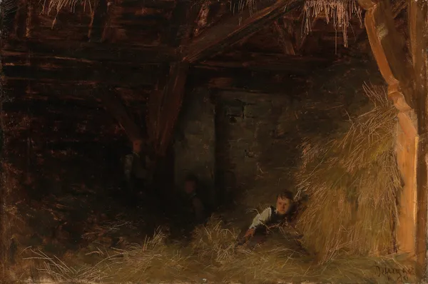 Three Boys in the Straw (In the Hay Barn) av Franz von Defregger