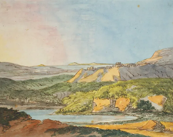 Südliche Landschaft am Meer mit bewaldeten Hügeln und einem Gewässer im Vordergrund av Johann Wolfgang Von Goethe