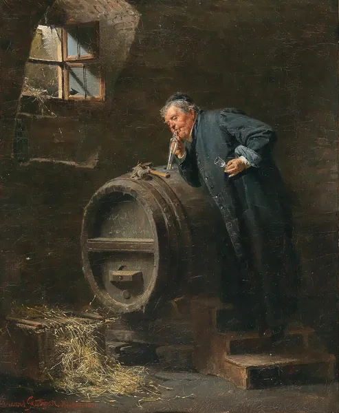 A monk in a wine cellar with a wine siphon av Eduard von Grützner