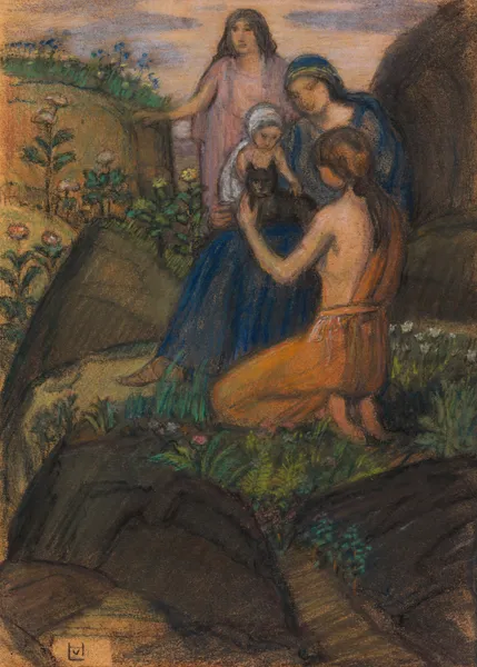 Frauen mit Kind in arkadischer Landschaft av Ludwig von Hofmann