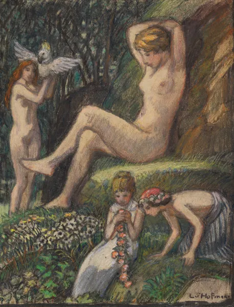 Frühlingsidylle mit Badender und Blumenkindern av Ludwig von Hofmann
