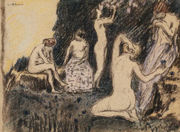 Landschaft mit fünf nackten Frauen av Ludwig von Hofmann