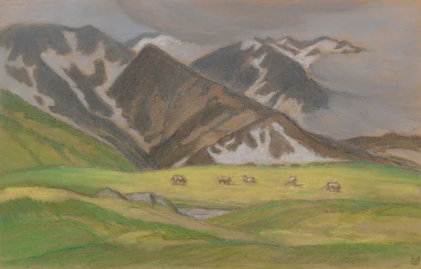 Schweizer Alpenlandschaft mit weidenden Kühen av Ludwig von Hofmann