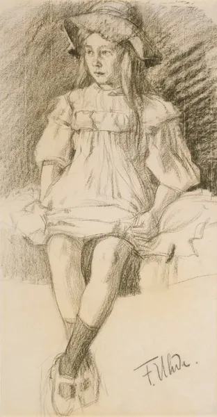 Sitting girl with hat av Fritz von Uhde