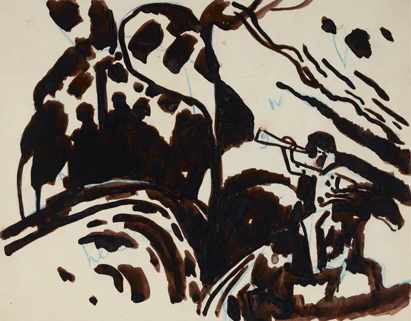 Landscape with a trumpet-blowing rider av Wassily Kandinsky