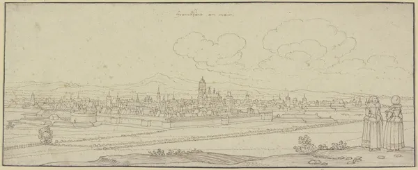 Frankfurt am Main von der Südseite gesehen, rechts im Vordergrund zwei Damen av Wenceslaus Hollar