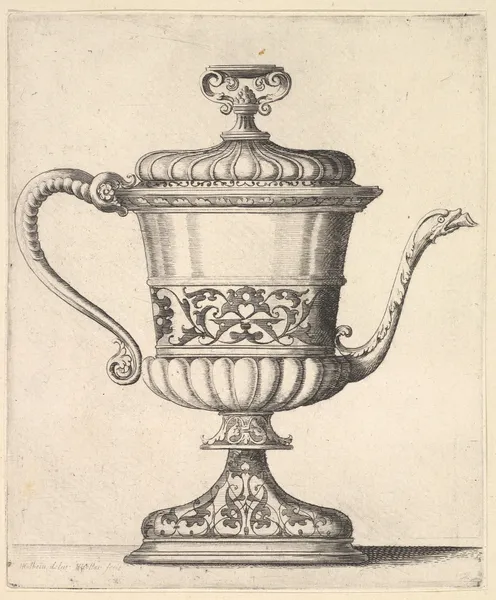 Jug with lid, engraved with arabesque pattern av Wenceslaus Hollar