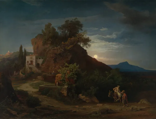 Die Nacht, Die Ankunft des Samariters mit dem Verletzten in der Herberge av Johann Wilhelm Schirmer