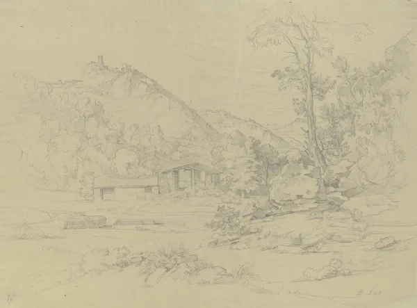 Gebirgspartie mit Ruinen auf den Bergen, vorn ein Wasser mit einigen Hütten av Johann Wilhelm Schirmer