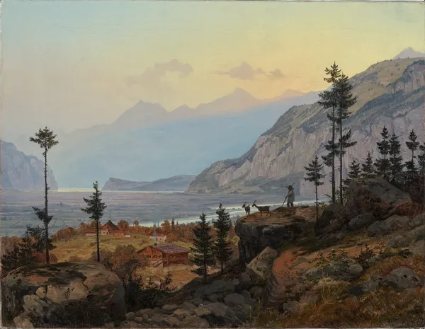 Schweizer Alpenlandschaft mit Fluss und See av Johann Wilhelm Schirmer