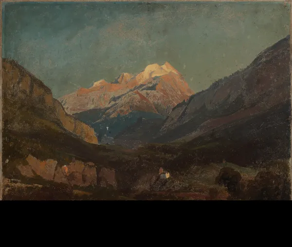 Schweizer Gebirgslandschaft mit Kapelle und fernem Schneegipfel av Johann Wilhelm Schirmer