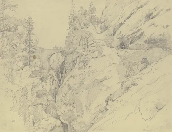 Via Mala, oben die steinerne Brücke av Johann Wilhelm Schirmer