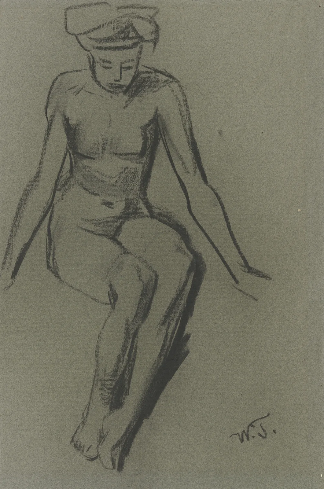 Sitting female nude av Wilhelm Trübner