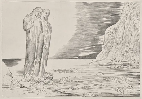 The Circle of the Traitors; Dante’s Foot Strriking Bocca degli Abbate, from Dante’s Inferno av William Blake