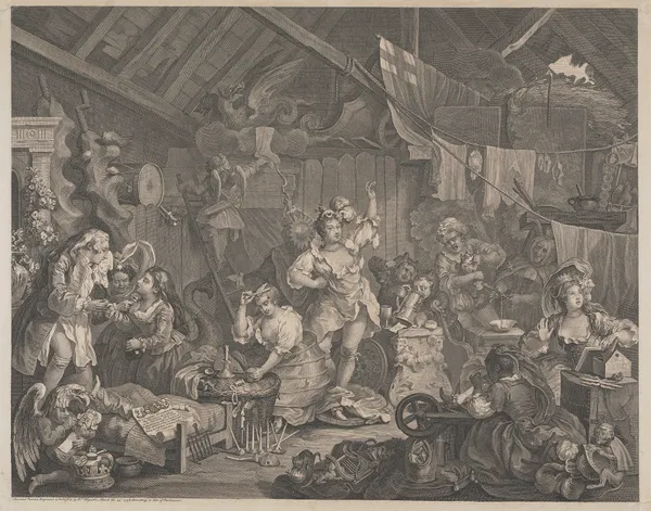 Strolling Actresses Dressing in a Barn av William Hogarth