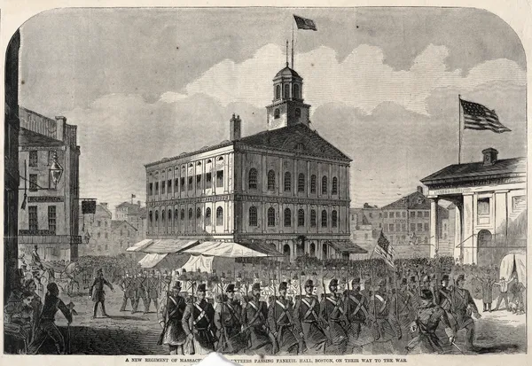 A New Regiment of Massachusetts Volunteers passing Faneuil Hall, Boston, on their way to War av Winslow Homer