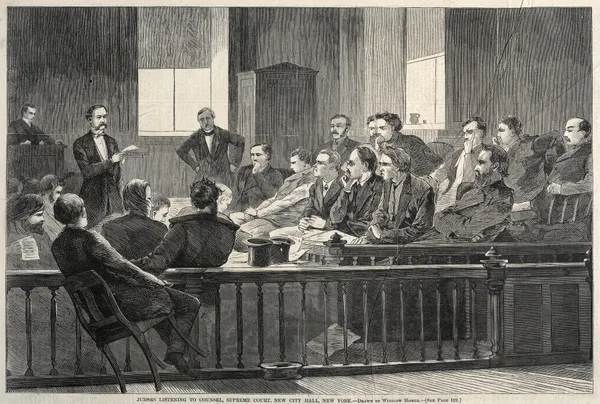 Jurors Listening to Counsel, Supreme Court, New City Hall, New York av Winslow Homer