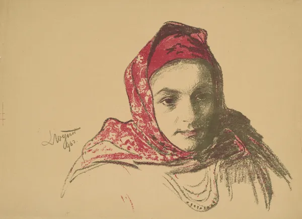 Head of a girl from Cracow in a red scarf av Leon Wyczółkowski