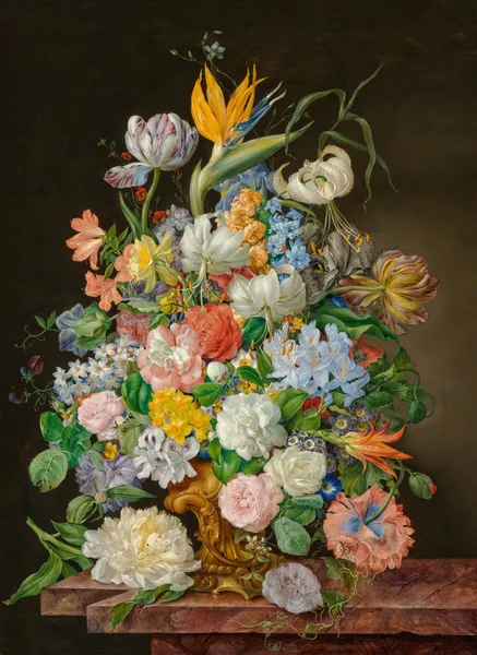 A bird of paradise, roses, tulips and other flowers in a gilt bronze vase on a stone ledge av Franz Xaver Petter