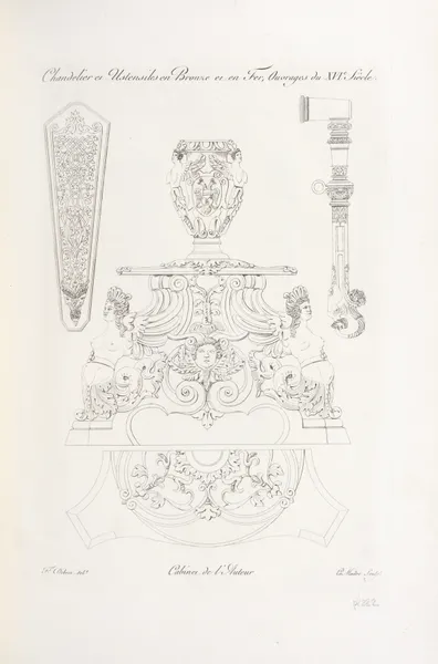 Chandelier et ustensiles en bronze et en fer, ouvrages du XVIe. siècle. av Nicolas Xavier Willemin