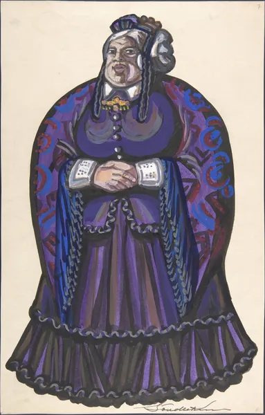 Old Woman in a purple dress av Sergey Yurievich Sudeikin